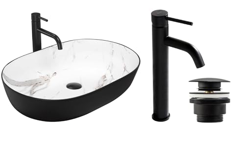 GTM Design Aufzatzwaschbecken mit Armatur-Waschbecken mit Hahn-Waschbeckenarmatur Schwarz - Aufzatzwaschbecken Oval - Waschbecken Weiß Marmor/Schwarz Matt - Aufsatzwaschbecken mit Armatur komplett Set