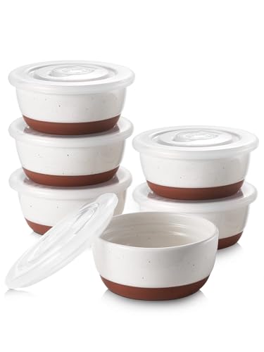 DOWAN 6 oz Ramekins with Lids Oven Safe for Creme Brulee Souffle, Porcelain Ramekins for Baking, Small Bowls Set of 6, Glaze with Specks