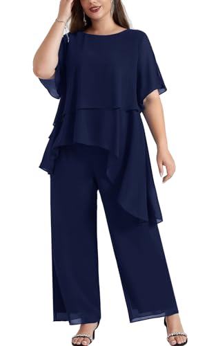 Hanna Nikole 2025 Plus Size Mother of The Bride Pant Suits 2 Piece Chiffon Sets Ruffle Asymmetric Layers Wedding Guest Outfit
