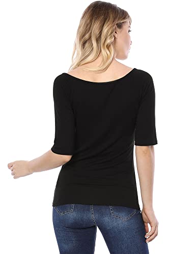 Allegra K Women's Half Sleeves Scoop Neck Fitted Layering Top Soft T-Shirt Medium Black #TOP5
