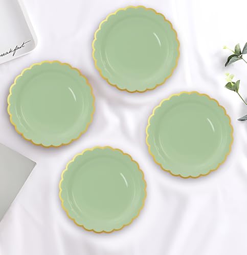 Image of HEIPINIUYE 50 Pieces Sage Green Paper Plates with Gold Foil 7 Inch Disposable Sage Scalloped Dinner Plates for Wedding Baby Shower Birthday Party Dessert Plate