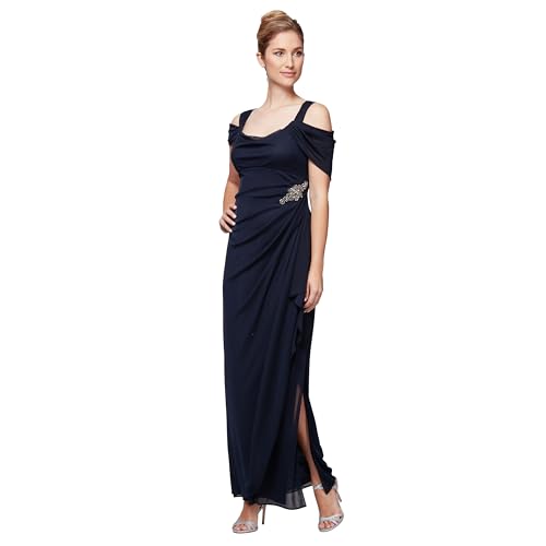 Image of Alex Evenings Women's Long Cold Shoulder Mother of the Bride Dress with Beaded Detail at Hip