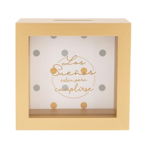 Hucha Decorativa de Cristal y Color Dorado con Mensaje Motivacional. los sueños Estan para cumplirse, 15x15x5 cm