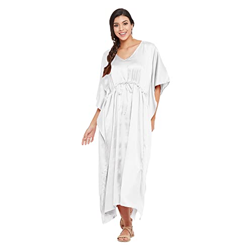 Oussum Women Plus Size Kaftan Dress Solid Satin Maxi Kimono Sleeves Night Gown Dresses Comfortable Lounge Wear for Ladies (White)