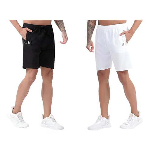 Image of BLUE STAR SHARK Athletic Sports Shorts for Men with Zip Pockets and Elastic Waistband Quick Dry Lightweight Activewear Combo - Pack of 2 (Color: Black and White, Size:M)