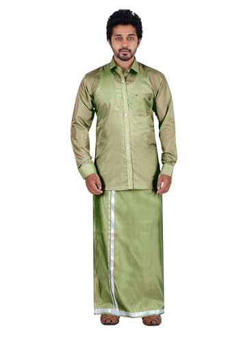 Image of PRAKASAM COTTON-Mens Art Silk Wedding Set /Art Silk 8 Mulam (8-Yard) Dhoti and Stitched Shirt for mens