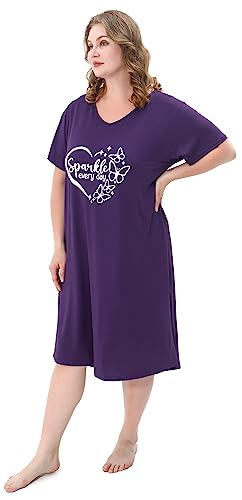 2 Pack Plus Size Nightgown for Women Casual V Neck Nightshirts Print Short Sleeve Sleepwear3