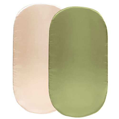 Image of SiinvdaBZX 2 Pcs Satin Bassinet Sheets for Baby Hair, Beige & Sage Green | Silk-Like Soft Bassinet Fitted Sheets for Hourglass, Oval & Rectangular Bassinet Mattress
