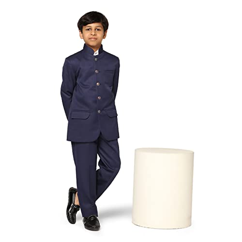 Image of TAHVO Boys Cotton Blend Solid Bandhgala Regular Fit Blazer