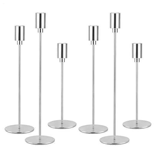 AUMAYCO Kerzenständer Silber 6 Set, Vintage Metall Silber Kerzenhalter, Elegante Dekorativer Hoch Stabkerzenhalter für Tischdekoration Hochzeit, Esstisch, Wohnkultur