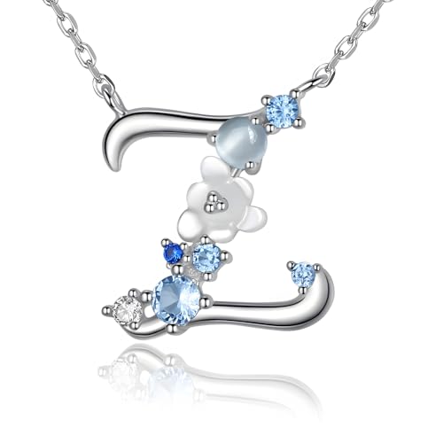 VIKI LYNN Initial Necklace for Women 925 Sterling Silver Letter Necklace Initial Z with Blue Flower Cubic Zirconia Pendant Birthday Engagement Gift for Women,Mom,Her, Couple