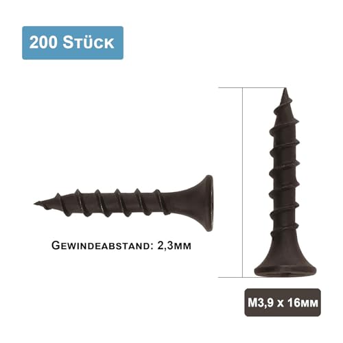 ORTAVA 200 Stück Schnellbauschrauben 3,9 x 16 mm, Trockenbauschrauben Grobgewinde und Kreuzschlitz Phosphatiert mit Schraubendreher Bit, Rigips Schrauben, Gipskartonschraube, Holzschrauben (Schwarz)