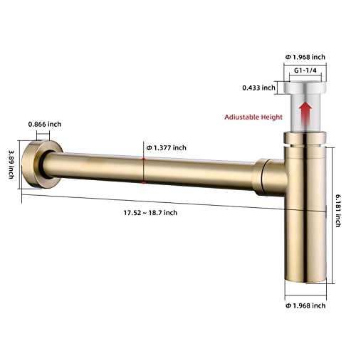 Newater Brass Contemporary Round Bottle P Trap 1 1/4,Basin Sink Waste Drain P Trap Kit，Adjustable Height Trap Drain Tube Kit ，Brushed Gold #TOP6