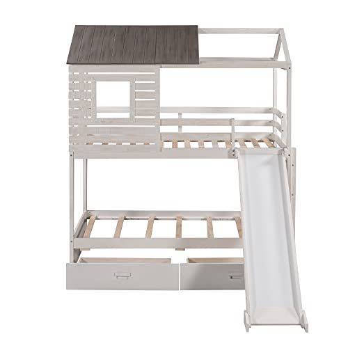 Meritline House Bunk Beds With Slide And Storage, Twin Over Twin Bunk Bed With Storage Drawers,Wood Twin Bunk Bed For Kids,Teens,Girls,Boys,No Box Spring Needed, Antique White #TOP3