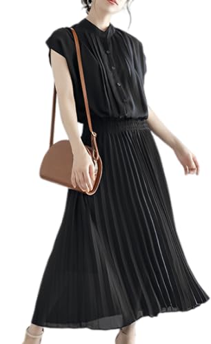 [ニーマンバイ] ワンピース プリーツ 半袖 ロング フレア 上品 ウエスト シャーリング ブラウス ドッキング スカート 春夏 ビジネス オフィス カジュアル オフィスカジュアル 事務 ビジネス用 通勤 学生 キレイメ きれいめ 無地 シンプル カワイイ セレモニー 結婚式 お呼ばれワンピース 黒 ロング丈 清楚 大人 かわいい フレンチスリーブ ドレス ブラック 4S-N29-BKM