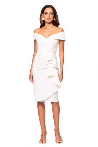 Image of Xscape Women's Bodycon Midi Off-The-Shoulder Ruffle Dress with Center Back Zipper, Petite & Plus Size