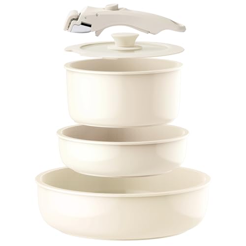 UUKRAVE Ceramic Pots and Pans Sets Non Stick, Detachable Handle Nontoxic Ceramic Cookware Set, Pots and Pans with Removable Handle for Induction, PFAS/PTFE/PFOA-Free, RV Cookware, Oven Safe (Cream)