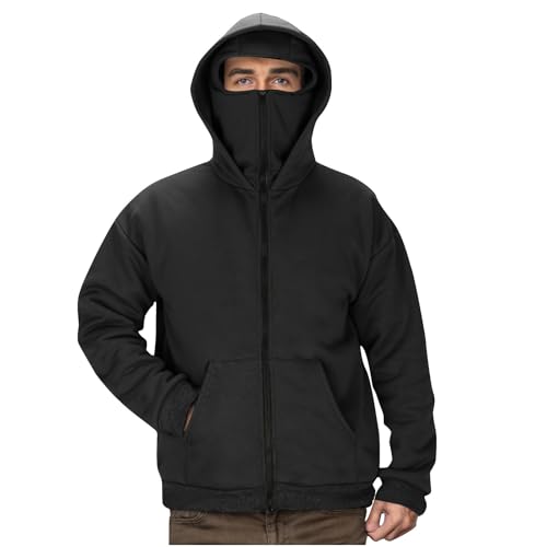 Streetwear Fleece Hoodies for Men with Mask,Thermal Winter Double Hat Hooded Sweatshirt Outdoor Sports Jacket Outwear