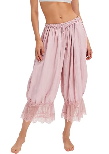 Image of NUFIWI Women Ruffle Long Bloomer Y2k Lace Trim Pettipants Pantaloons Mid Rise Cropped Pajama Pants Under Dress Slips