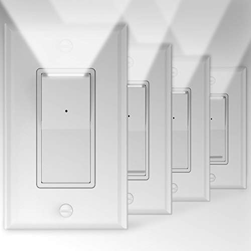 4 Pack Illuminated Light Switch, Decora Paddle Rocker Light Switch with LED Night Light, Automatic On/Off Sensor, Single Pole, 15Amp 120/277Volt, White