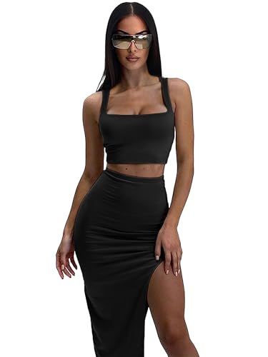 Image of ELLEVEN Two Piece Maxi Skirt Sets for Women, Square Neck Tank Tops with High Side Slit Dress Sets Summer Outfits