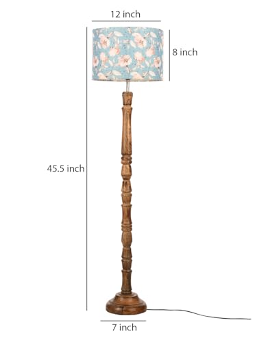 Image of Green Girgit Brown Color Small Wooden Floor Lamp with Blue Flowers Multicolor Lamp Shade, Vintage Floor Lamp with Carved Wooden Stand and Floral Shade, Traditional Standing Light (LED Bulb Included)
