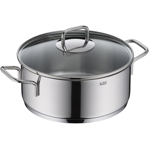 Silit Extra Cook, Bratentopf 24 cm mit Glasdeckel, Innenskalierung, breiter Schüttrand, hochwertiger, spülmaschinenfester Crominox-Edelstahl, Kochtopf groß, optimale Wärmeverteilung, Induktion