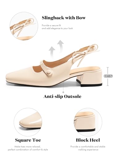 Image of Coutgo Womens Mary Jane Shoes Slingback Chunky Low Heels Bow Closed Square Toe Pumps Wedding Party Dress Shoes