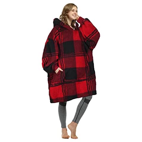 Tartan Hoodie Blanket Oversized, Super Soft Warm Wearable Blanket, Comfortable Giant Hoody Front Giant Pocket Adults Men Women Bufflo Plaid Red Cover