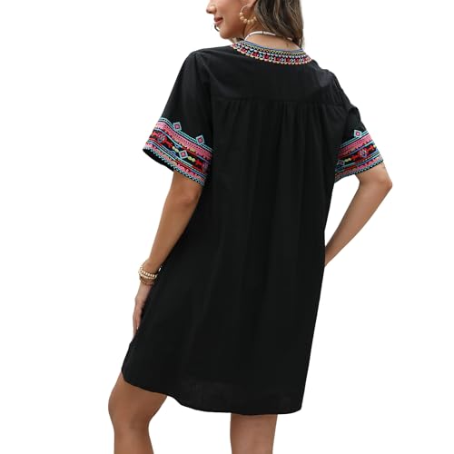Image of Grosy Fiesta Embroidered Mexican Dress for Women Beach Vacation Plus Size Short Sleeve Summer Boho Dresses with Pocket