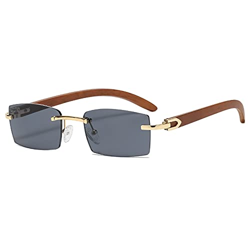 Heptagram Rectangle Fashion Rimless Sunglasses for Women Men Gangster 90s Frameless Shades Retro Vintage Trendy Eyewear (Gold Frame Grey Lens)