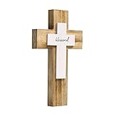 OKSQW Wall Wooden Cross Christians Crosses Spiritual Religious Cross With Hook Christmas Wall Hanging Handmade Nature Wood Color with Blessed Design for Church Home Room Decor Wood Crucifix Gift