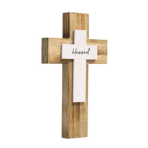 OKSQW Wall Wooden Cross Christians Crosses Spiritual Religious Cross With Hook Christmas Wall Hanging Handmade Nature Wood Color with Blessed Design for Church Home Room Decor Wood Crucifix Gift
