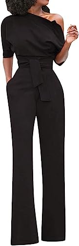 Vagbalena Mono Elegante de Mujer Mono de Moda de Un Hombro Mono Largo Delgado Mono Casual Mono Suelto con Bolsillos Pantalón Plano con Tirantes en la Espalda (Negro,M)