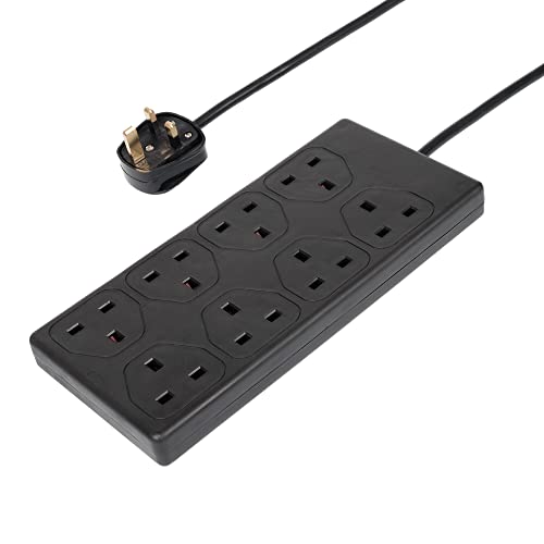 Invero 8 Way Gang Power Mains Extension Lead 2M Metre Cable British Approved 13A Amps - Black