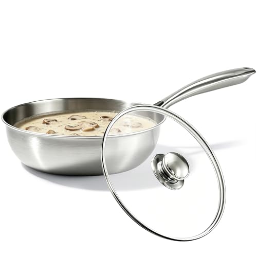 Bigwinyep Stainless Steel Saucier Pan with Lid 1.3 Quart Saucepan with Lid 8inch Frying Pan 3-Ply Heavy Bottom Sauce Pan Cookware for All Stovetops 1200Ml/40OZ