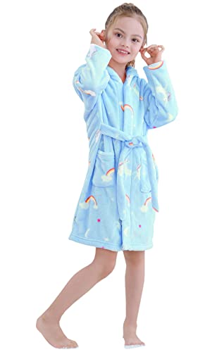 Umeyda Boys Robe, Warm Long Sleeve Hooded Flannel Bath Robe Loungewear With Belt And Pockets For Toddler Little Big Boys, Rainbow-Blue, 9-10 Years = Tag 150 #TOP1