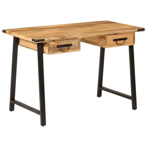 LoogCape Escritorio de madera maciza de mango con 2 cajones, patas de hierro, 105 x 55 x 70 cm, para oficina, oficina en casa, estudio
