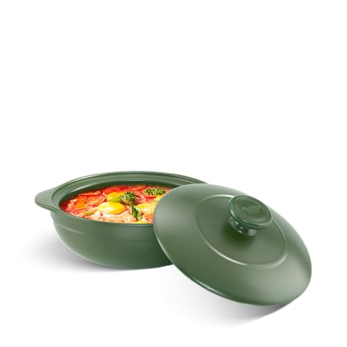 MINH LONG 1-Qt Porcelain Dutch Oven with Lid – Lead & Cadmium Free, Oven Safe to 482°F, Heat Retention, Clay Pot for Cooking on Gas & Infrared Cooktop, Use to Marinate, Cook, Bake, Refrigerate & Serve