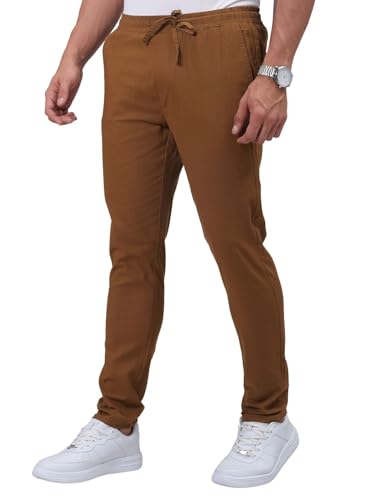 Image of The Indian Garage Co Men Slim Fit Solid Mid-Rise Elasticated Linen Jogger Trouser