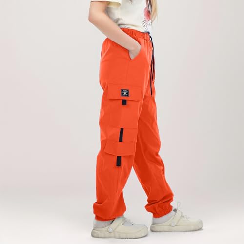 Boys Sweatpants 5t Casual High Waisted Drawstring Loose Fit Pockets Kids Cargo Sweatpants Girls (Orange, 13-14 Years)4