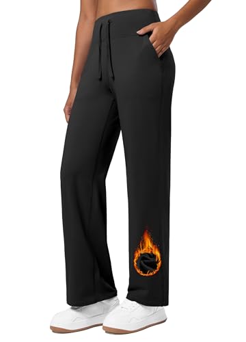 WILLIT Jogginghose Damen Fleece gefütterte Hose Winter Sporthose Warme Yogahose Thermohose Weites Bein Lounge Hose mit Taschen 31' Schwarz M