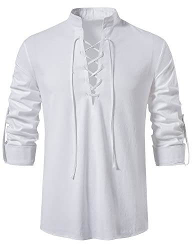 LucMatton Chemisier classique à lacets en coton pour homme Costume vintage médiéval, blanc, XXL Cover