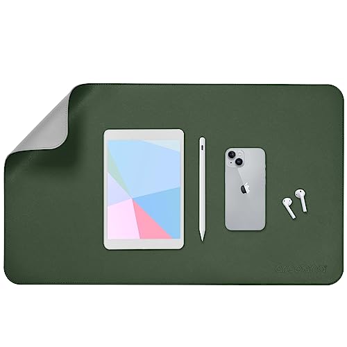 Image of AROPANA Vegan Leather Desk Mat | Large Reversible Mouse Pad & Computer Table Protector | Dual-Side Waterproof Extended Laptop Pad with Edge-Stitched Design (70 x 35 CM, Deep Green & Grey)