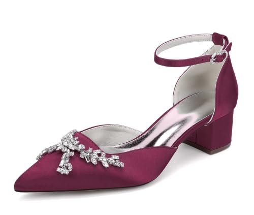 MINITOO Chaussures de soirée sexy pour femme - Talon épais - Escarpins de mariage avec strass, M334 Bordeaux Talon 4 5 cm, 36 EU