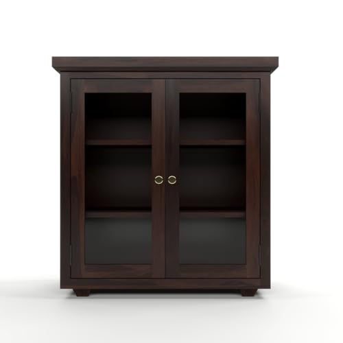 Image of Solid Sheesham Wood Sideboard Cabinet for Living Room | Wooden Storage Cabinet with 2 Acrylic Glass Doors & Shelves | Modern Display Sideboard for Home (Walnut Finish)