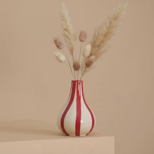 Image of PUREZENTO Red & White Striped 'Tulip Bud' Ceramic Vase 6 Inch (Pack of 1) | Unique Modern Bud Vase for Dried Flowers & Pampas Grass | Vases for Modern Home Decor, Living Room & Office Decor Ideas