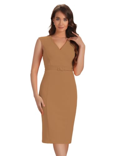 Image of Allegra K Sheath Dress for Women's Wrap V Neck Business Office Belt Sleeveless Pencil Dress