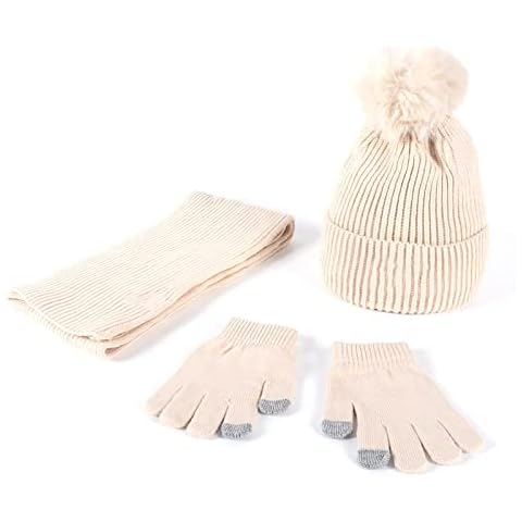 Hinzonek Winter Warm Knit Beanie Hat Scarf Gloves Set for Toddler Boys Girls 3 in 1 Pom Pom Hats Mittens Neck Scarf Set Thick Set Outdoor Wearing Cover