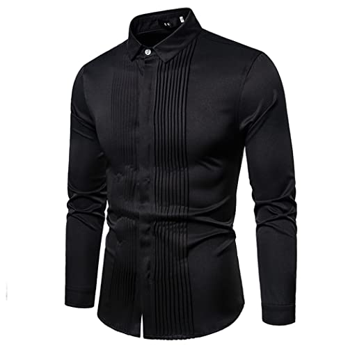 Men's Tuxedo Shirts Front Pleated Solid Dress Slim Fit Long Sleeve Blouse Groomsman Party Wedding Tops4